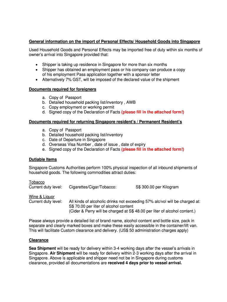 Fillable Online General information on the import of Personal Effects