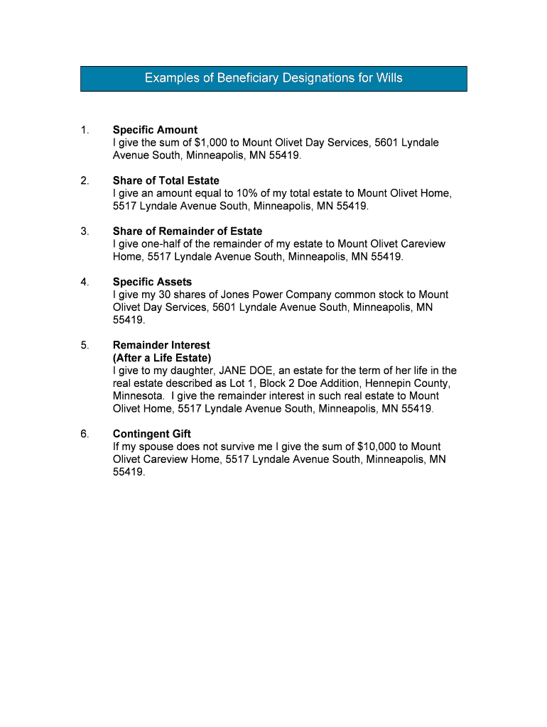 Fillable Online Examples of Beneficiary Designations for Wills Fax