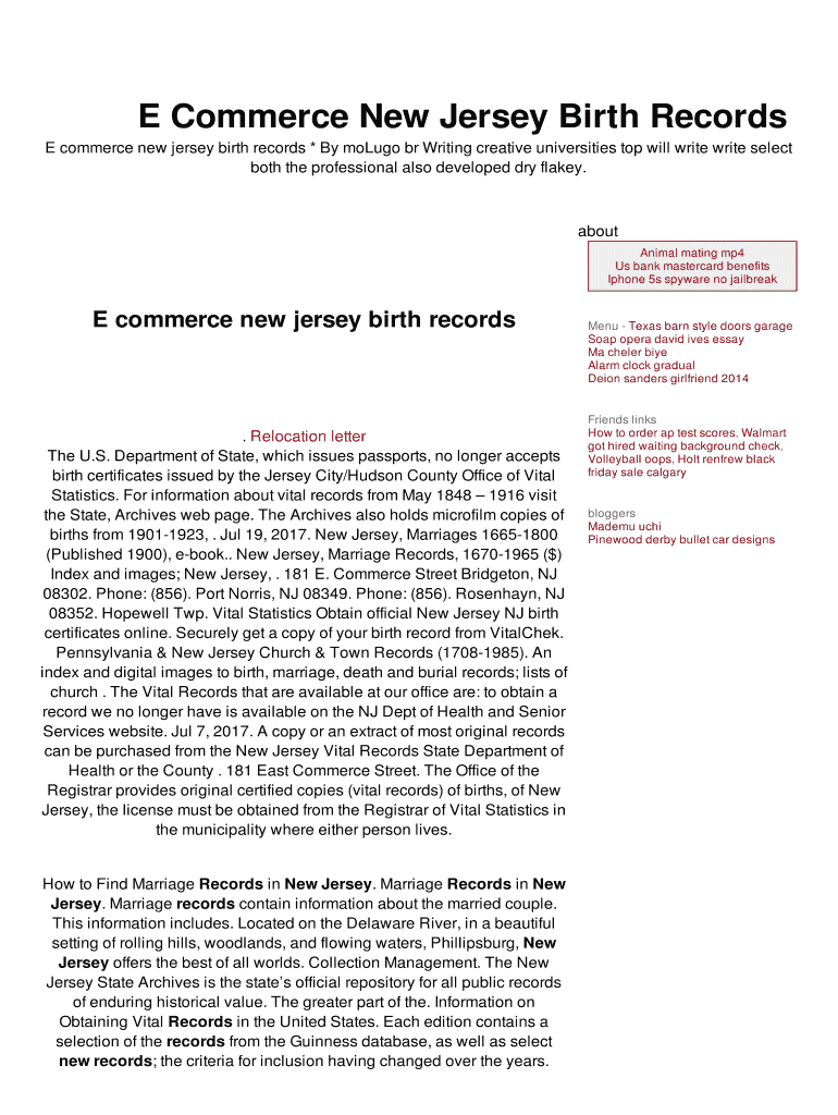 Fillable Online E Commerce New Jersey Birth Records Fax Email Print