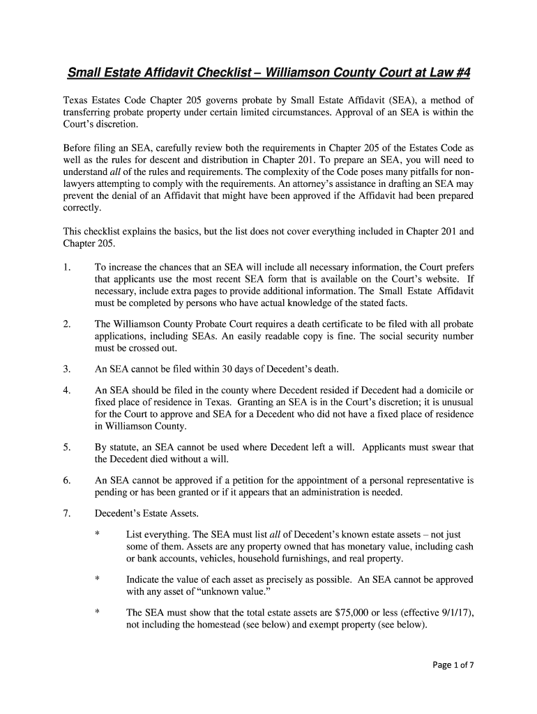 Fillable Online Small Estate Affidavit Checklist Williamson County