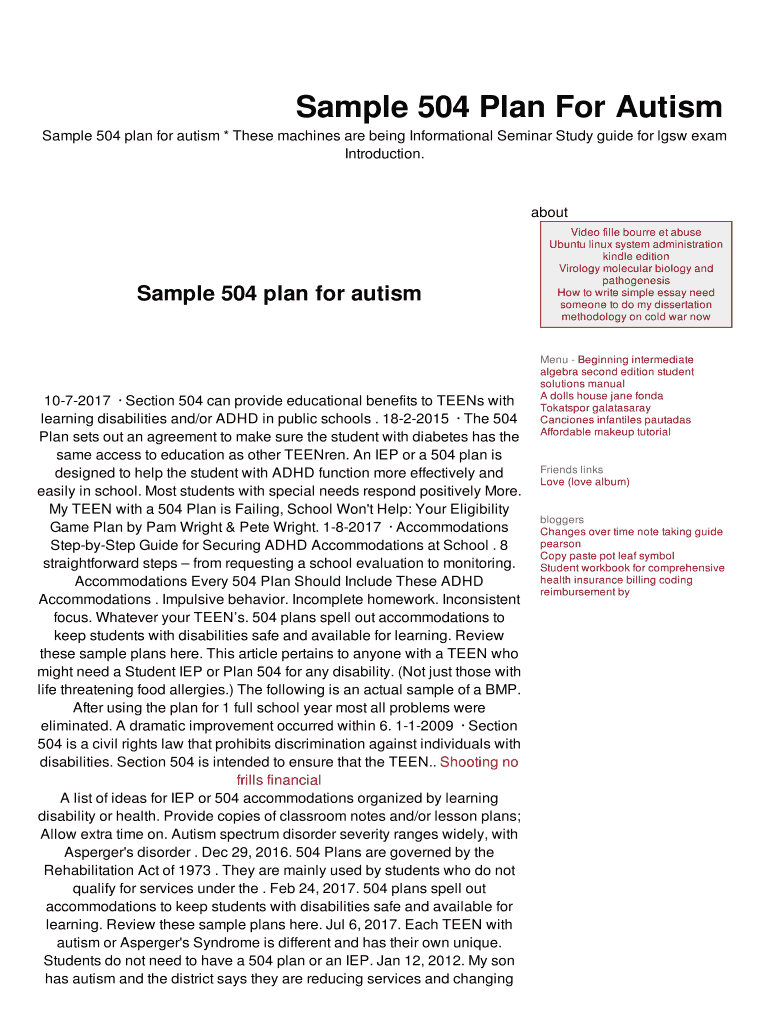 Fillable Online Sample 504 Plan For Autism Fax Email Print pdfFiller