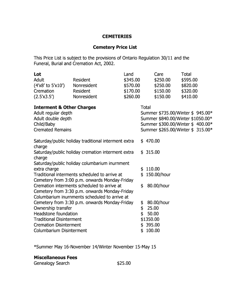 Fillable Online Cemetery Price List Fax Email Print pdfFiller