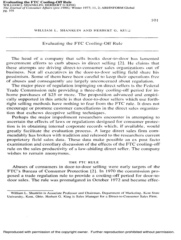 Fillable Online Evaluating the FTC CoolingOff Rule Fax Email Print