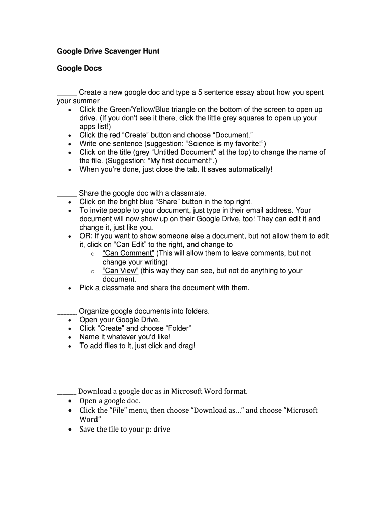 Google Drive Scavenger Hunt Fill Online, Printable, Fillable, Blank