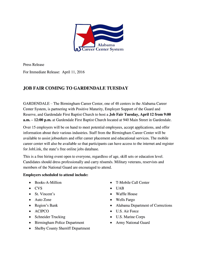 Fillable Online JOB FAIR COMING TO GARDENDALE TUESDAY Fax Email Print pdfFiller