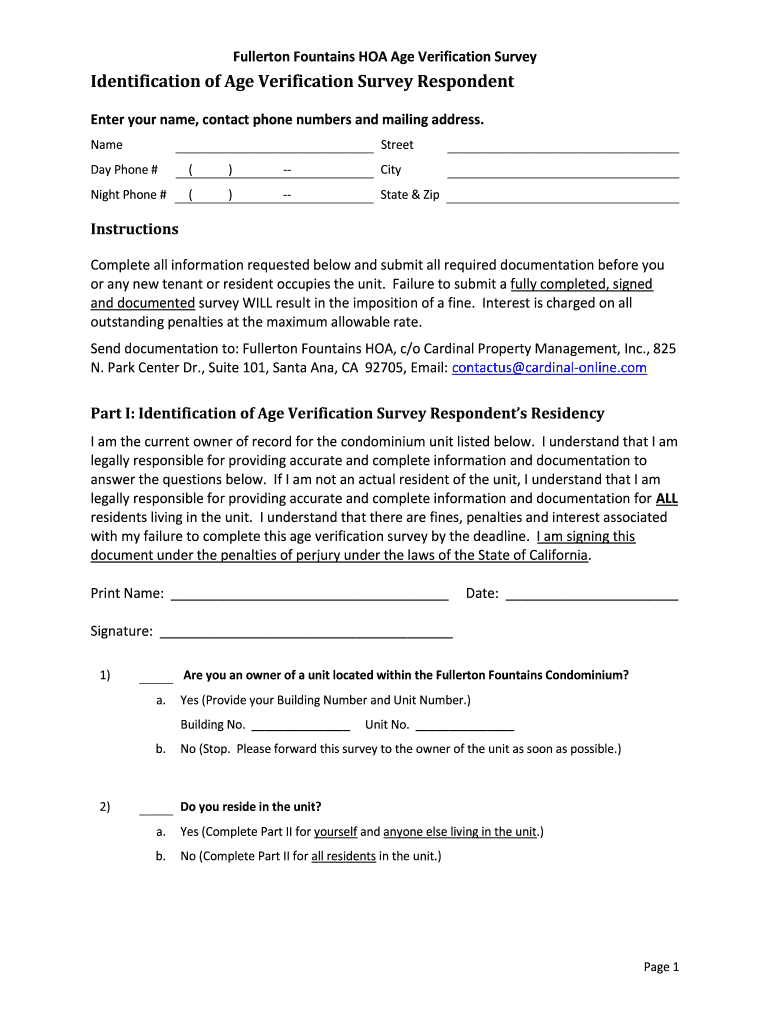 Fillable Online Fullerton Fountains HOA Age Verification Survey Fax