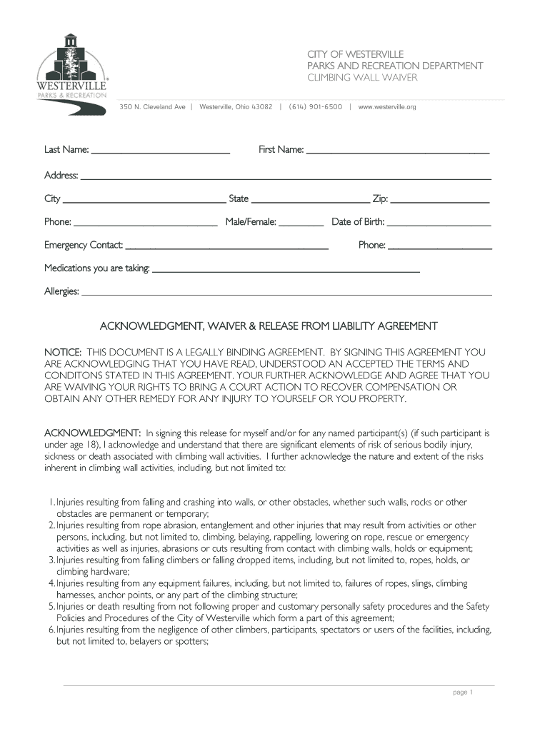 Fillable Online CLIMBING WALL WAIVER Fax Email Print pdfFiller