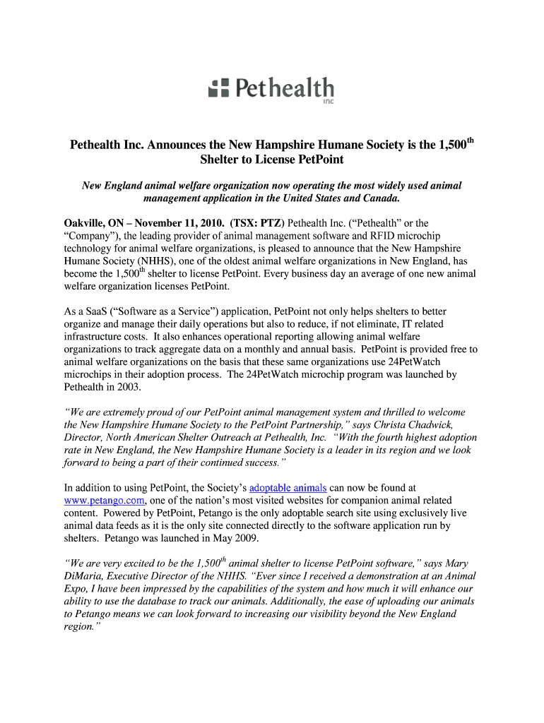 Fillable Online Announces the New Hampshire Humane Society is the 1