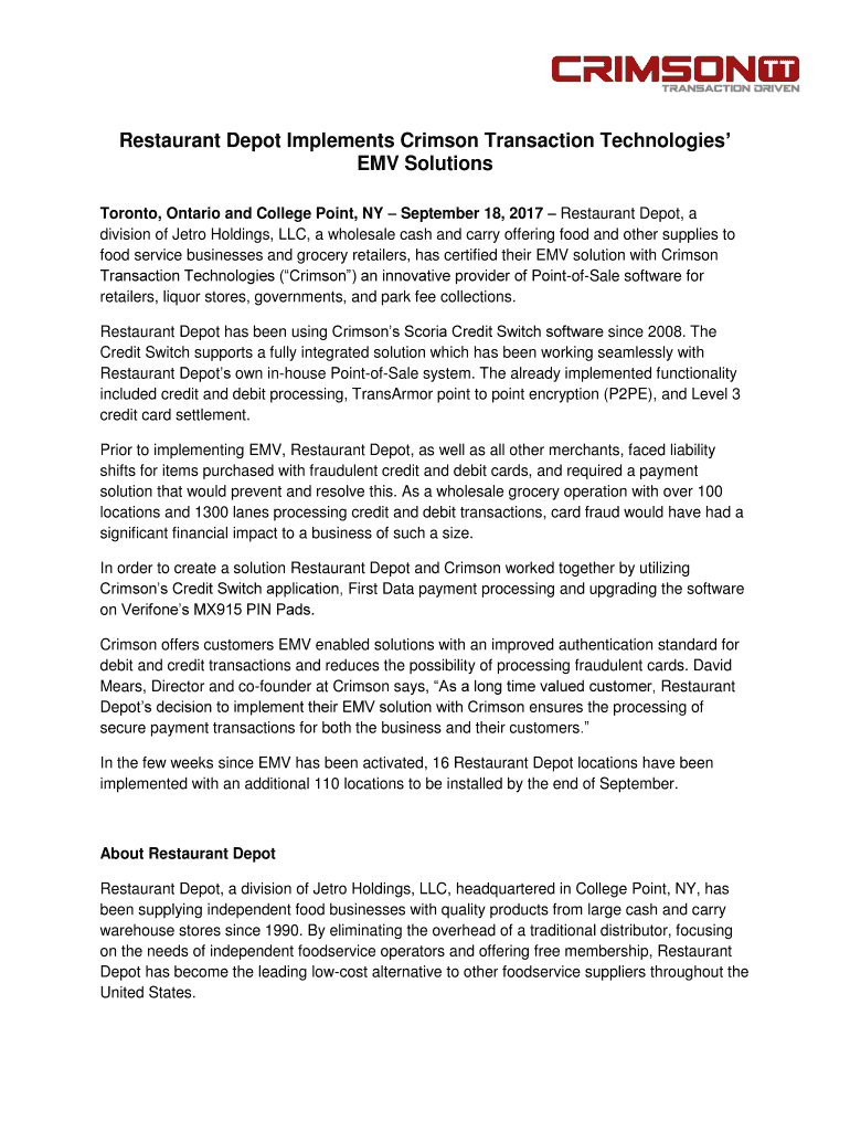 Fillable Online Restaurant Depot Implements Crimson Transaction