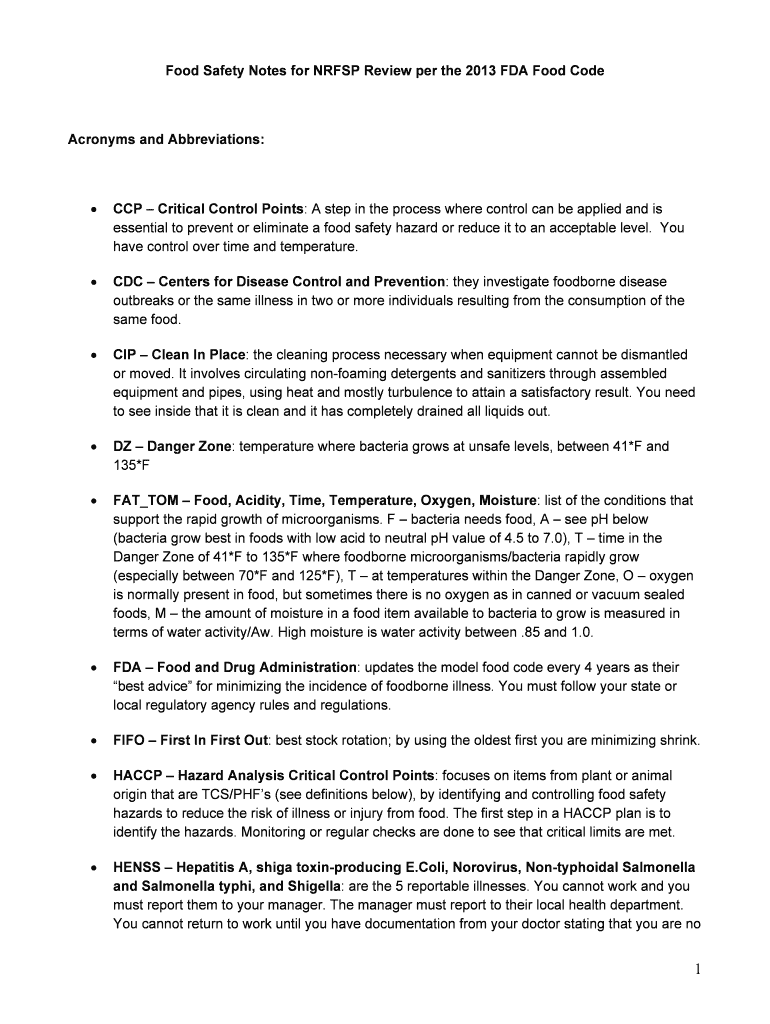 Fillable Online Food Safety Notes for NRFSP Review per the 2013 FDA Food Code Fax Email Print