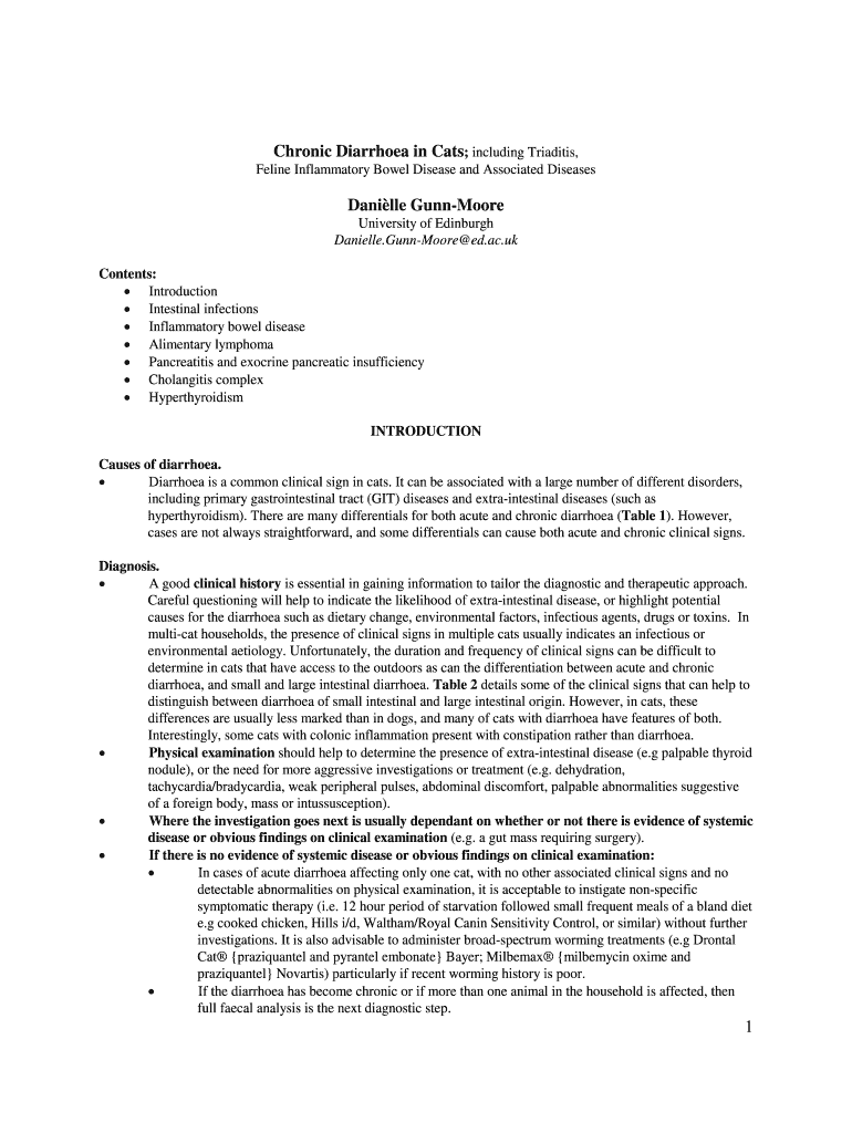 Fillable Online Chronic Diarrhoea in Cats; including Triaditis, Fax
