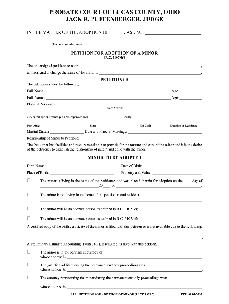 Fillable Online lucascoprobatect PETITION FOR ADOPTION OF A MINOR