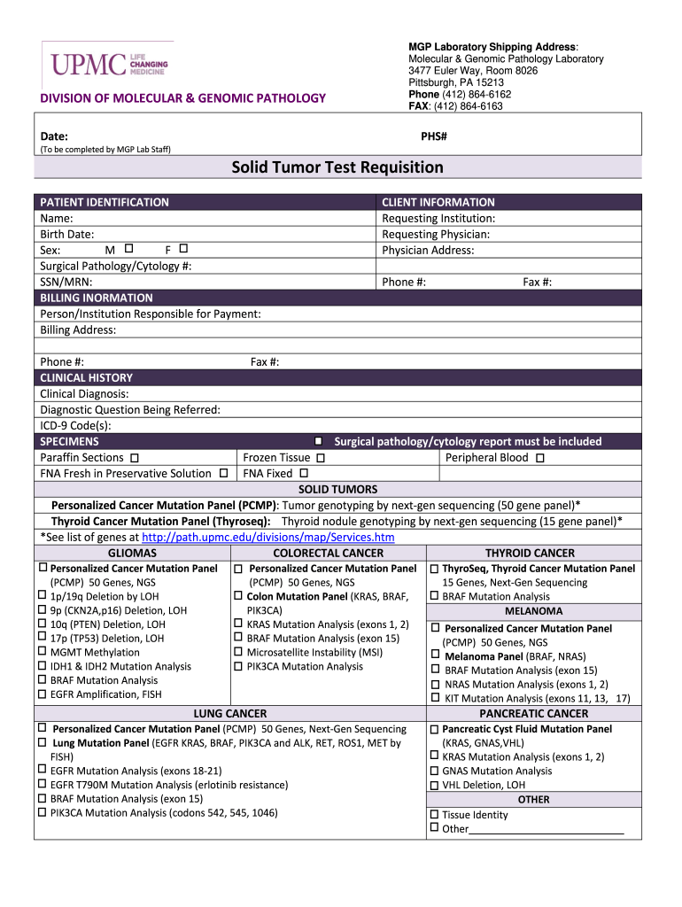2013 Form UPMC Solid Tumor Test Requisition Fill Online, Printable