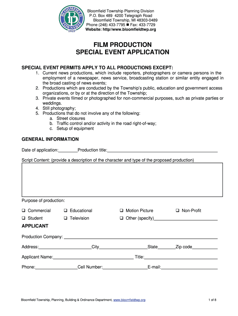 Fillable Online bloomfieldtwp Film Permit Application Bloomfield