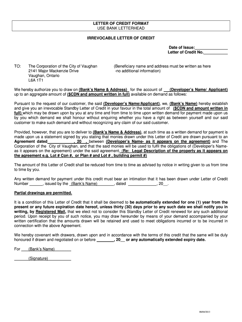 Fillable Online Standard Letter of Credit City of Vaughan Fax Email Print pdfFiller