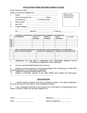 Fillable Online APPLICATION FORM FOR EMPLOYMENT IN ECHS POST