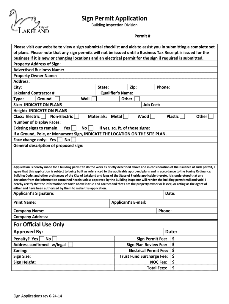 Fillable Online lakelandgov Sign Permit Application Building Inspection