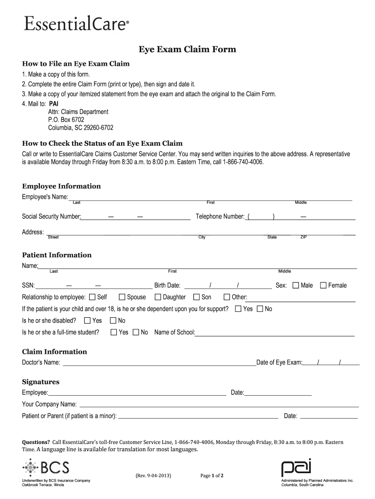 Fillable Online Eye Exam Claim Form Fax Email Print pdfFiller