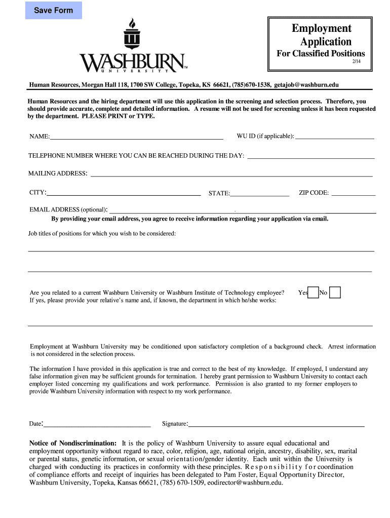 Fillable Online washburn Employment Application Washburn University