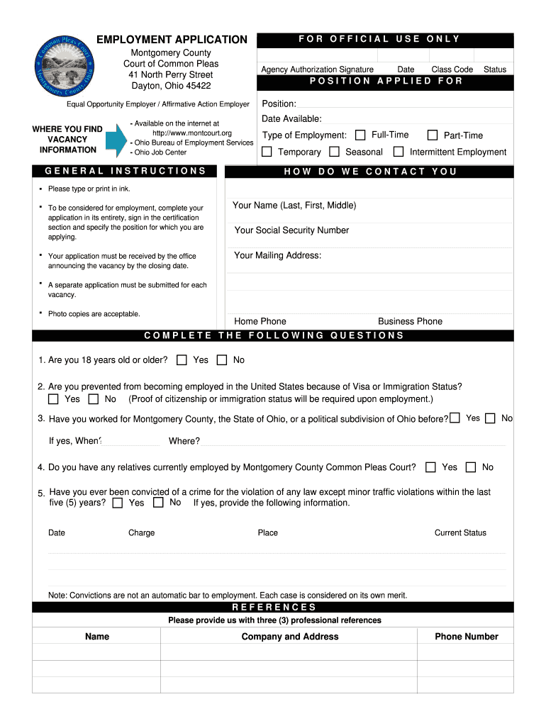 Fillable Online montcourt Employment Application Montgomery County