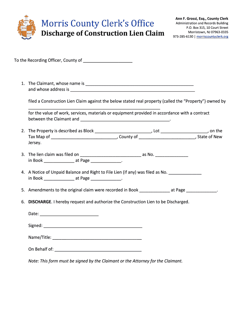 Fillable Online morriscountyclerk Morris County Clerks Office Discharge