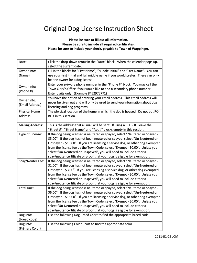 Fillable Online Original Dog License Instruction Sheet Town of