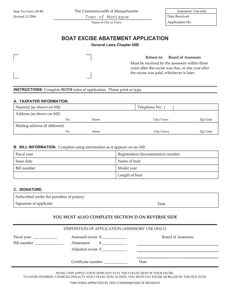 Fillable Online montague BOAT EXCISE ABATEMENT APPLICATION Town of