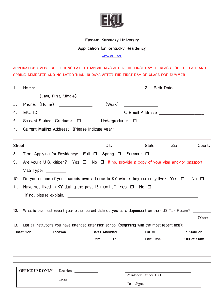 Fillable Online Eastern Kentucky University Application for Kentucky