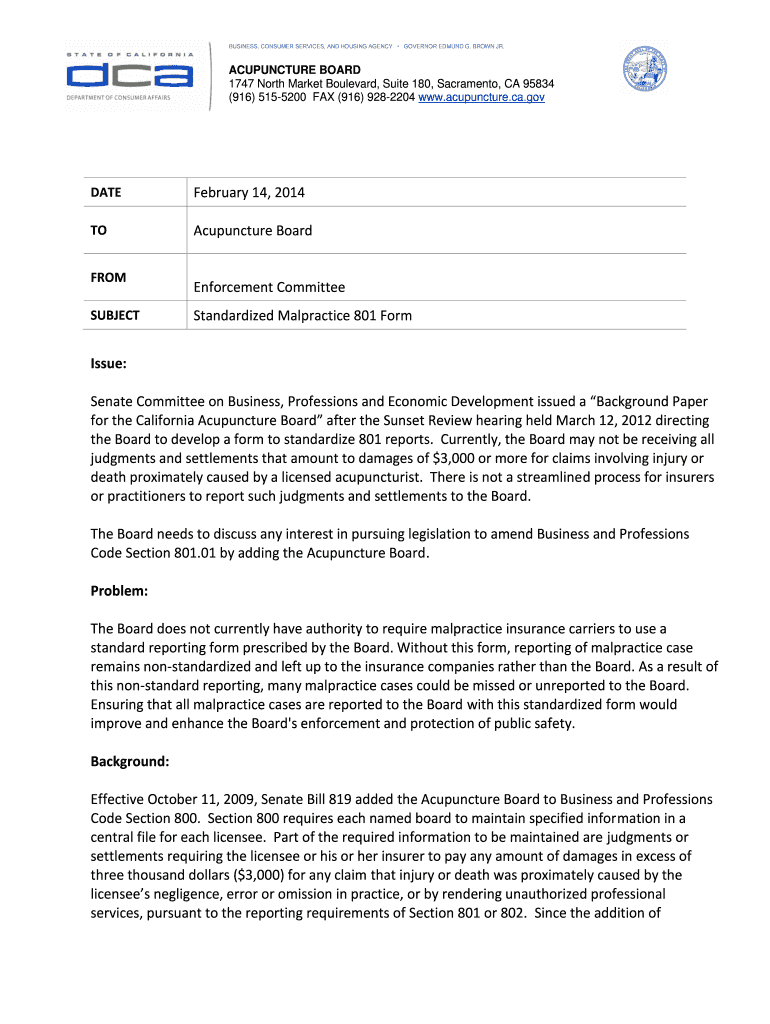 Fillable Online acupuncture ca Standardized 801 Reporting Memo California Acupuncture Board