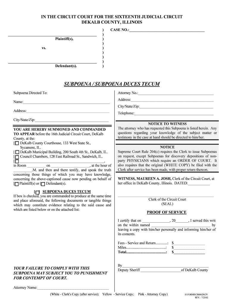 Fillable Online circuitclerk SUBPOENA / SUBPOENA DUCES TECUM Circuit