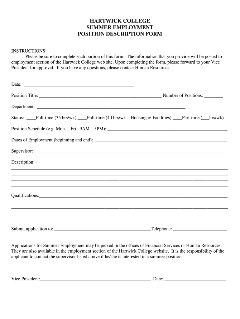 Fillable Online hartwick HARTWICK COLLEGE SUMMER EMPLOYMENT POSITION