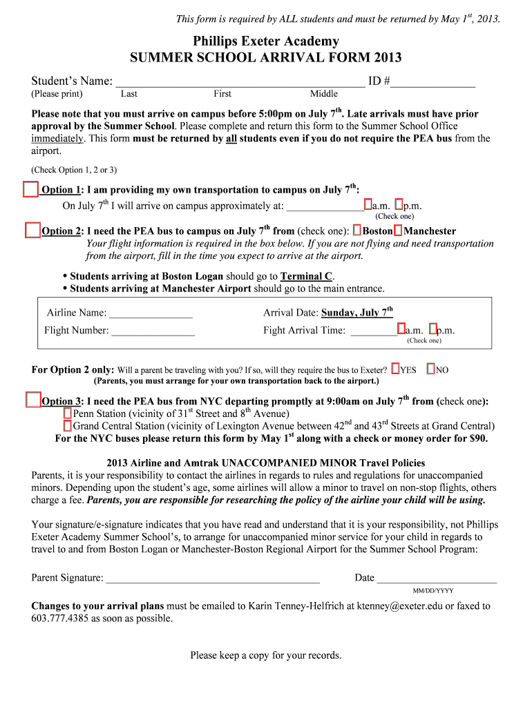 Fillable Online Phillips Exeter Academy SUMMER SCHOOL ARRIVAL FORM 2013