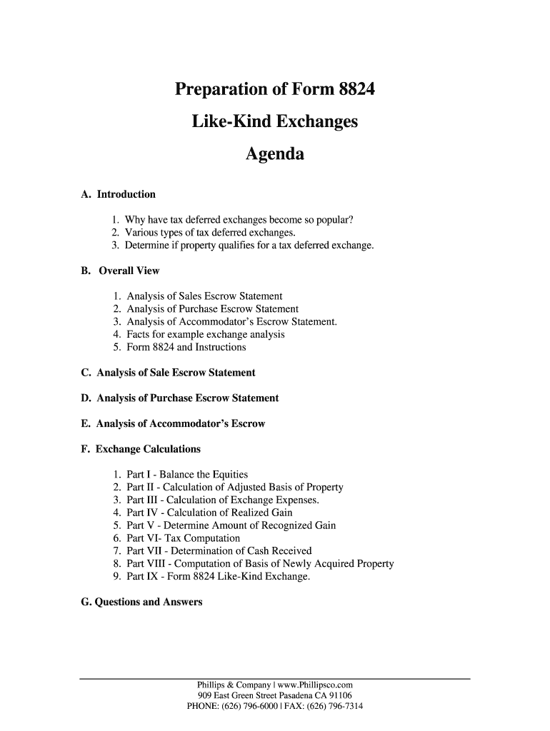 Fillable Online Preparation of Form 8824 LikeKind Exchanges Agenda Fax