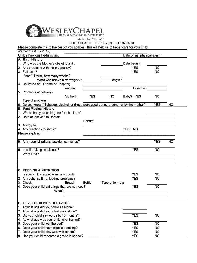 Fillable Online CHILD HEALTH HISTORY QUESTIONNAIRE Fax Email Print