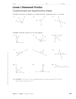 Lesson 2 Homework Practice Complementary And Supplementary Angles