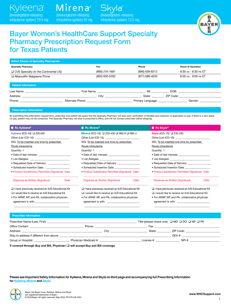 Bayer Women's Healthcare Support Specialty Pharmacy Fill and Sign