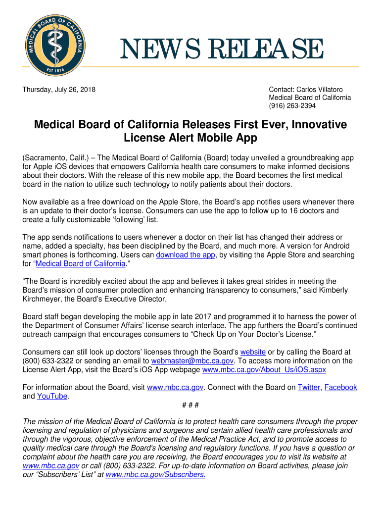 Fillable Online Medical Board of California Releases First Ever, Innovative License Fax