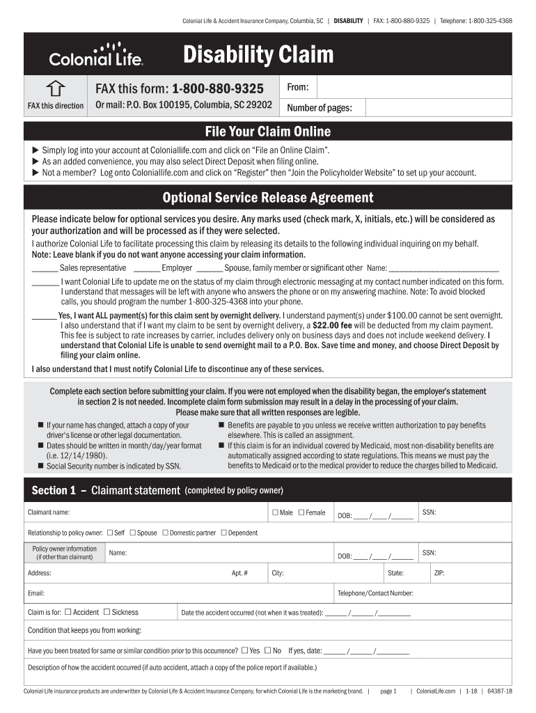 Fillable Online Disability claim paper form Colonial Life Fax Email