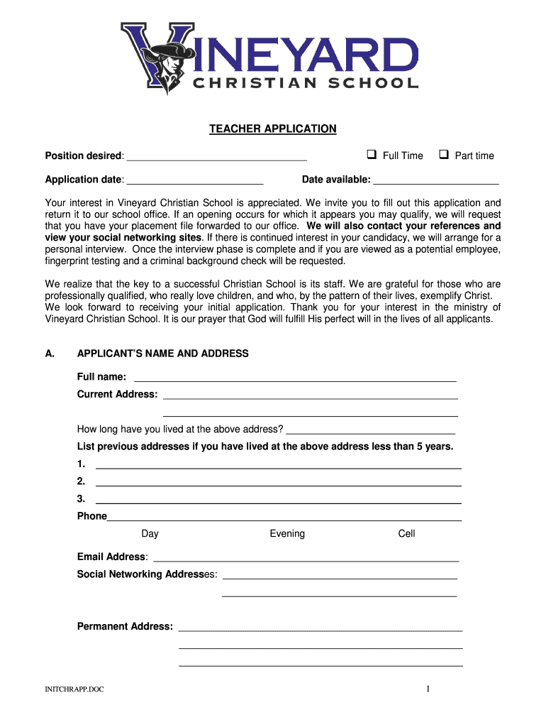 Vineyard Teacher Application Fill Online, Printable, Fillable, Blank