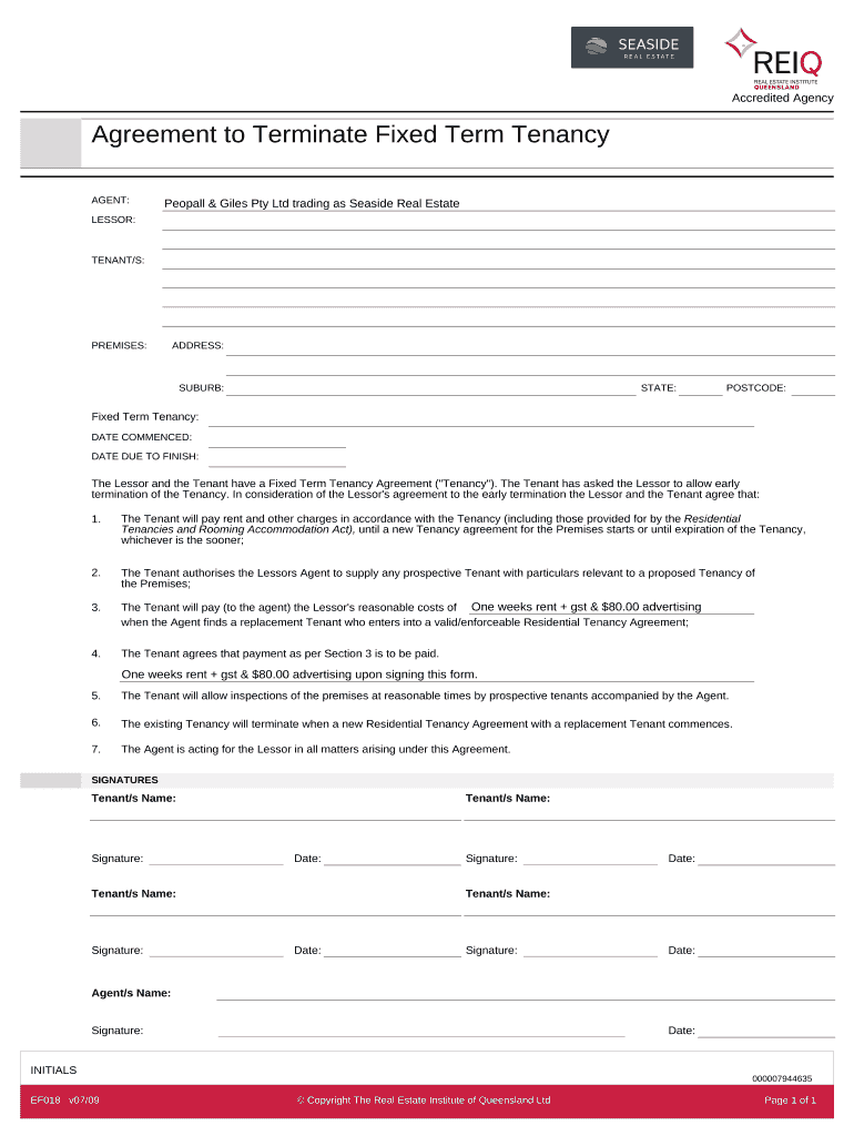 Agreement to Terminate Fixed Term Tenancy Seaside Real Estate Fill