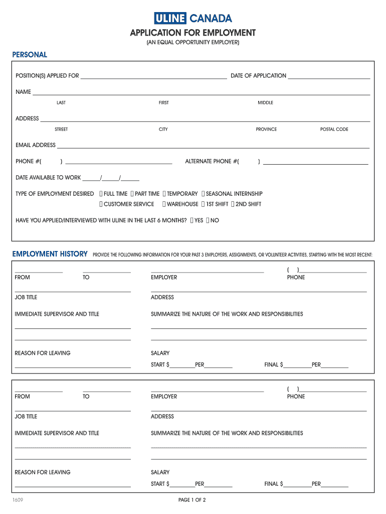 20162024 Form Canada Uline Application for Employment Fill Online