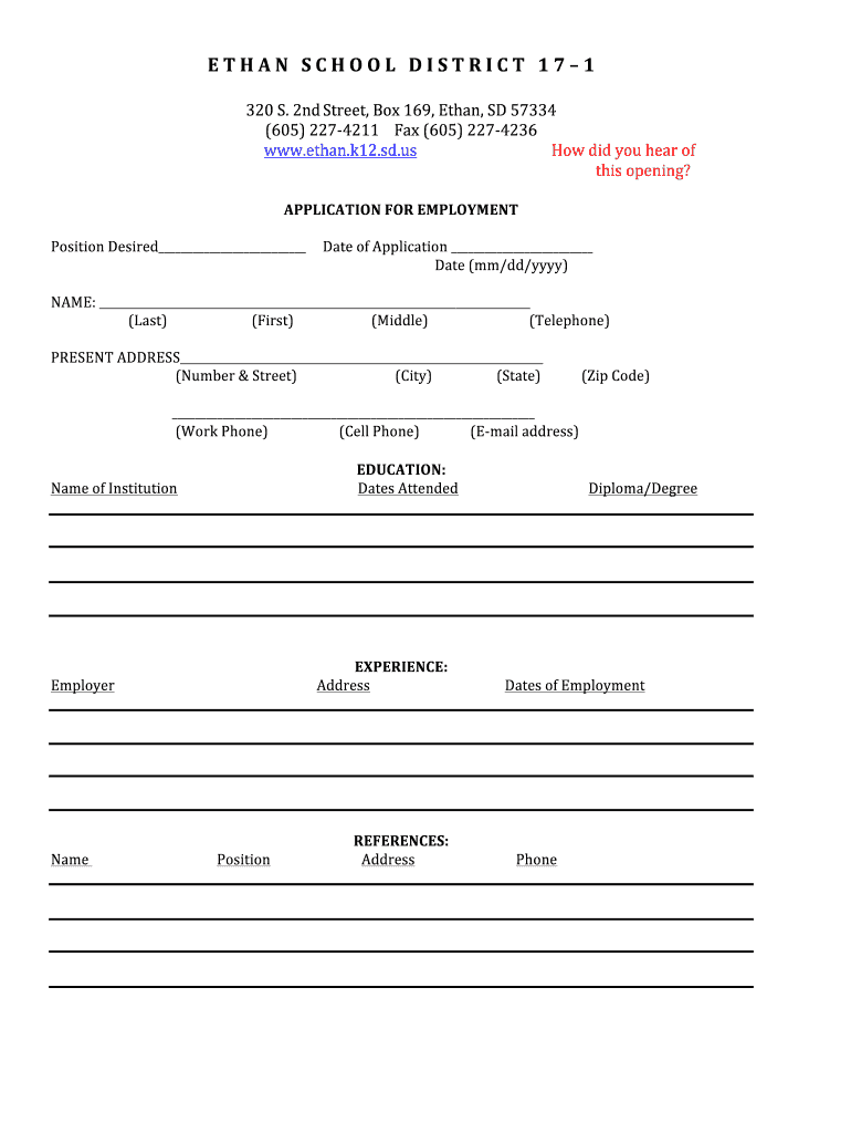 Fillable Online ethan k12 sd Classified Employment Application Ethan