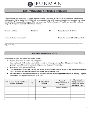 Fillable Online www2 furman 2018-19 Dependent Vertification Worksheet