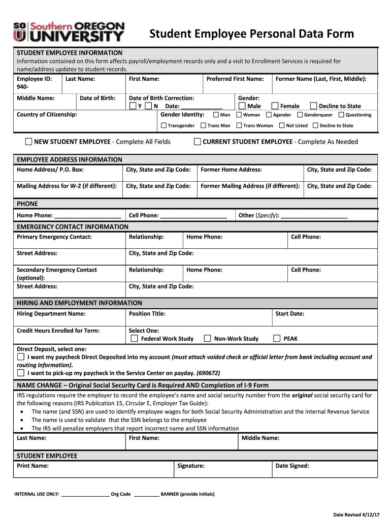 Fillable Online inside sou Student Employee Personal Data Form Fax