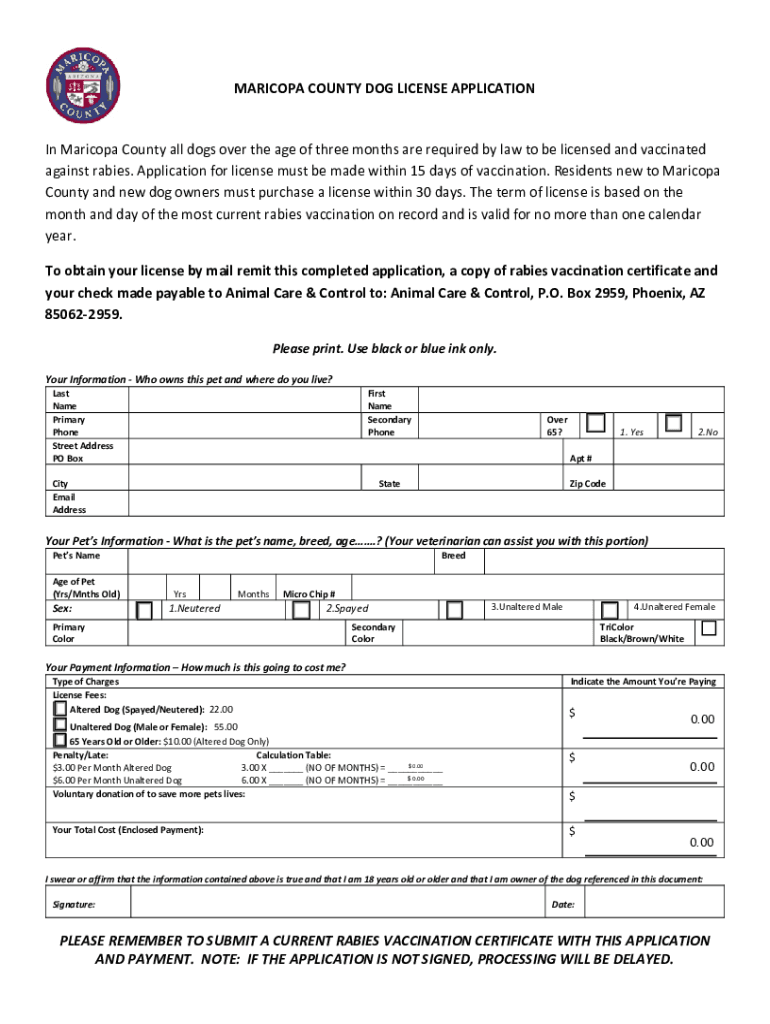 20172024 Form AZ Dog License Application Maricopa County Fill Online