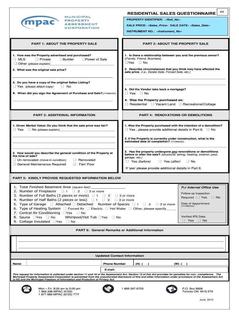 Fillable Online RESIDENTIAL SALES QUESTIONNAIRE Fax Email Print pdfFiller