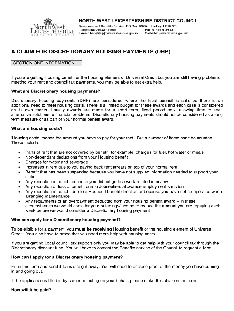 Fillable Online Discretionary housing payment form including Universal credit Discretionary