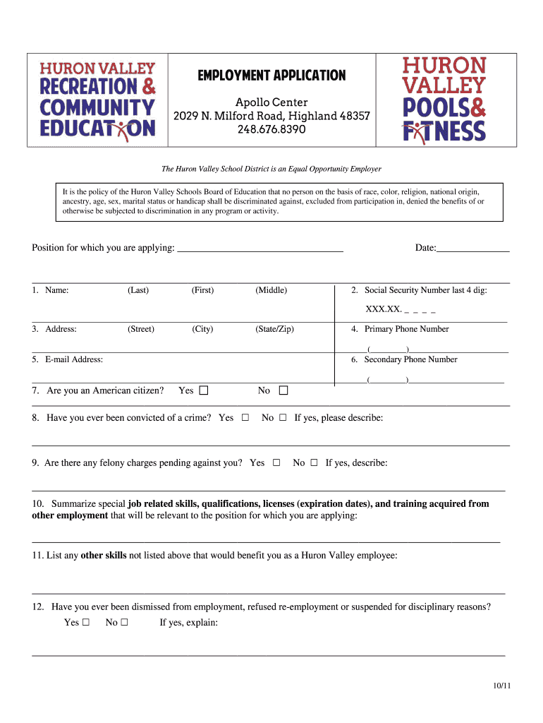 Fillable Online Employment Application Huron Valley Recreation