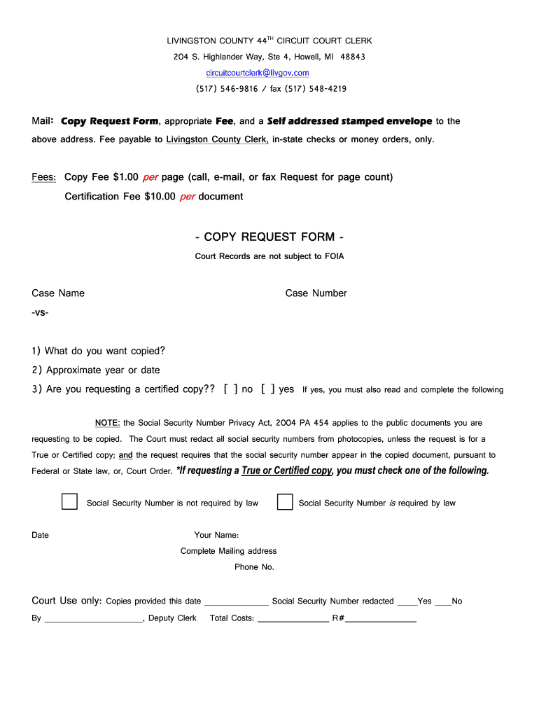 Fillable Online COPY REQUEST FORM Livingston County Fax Email Print