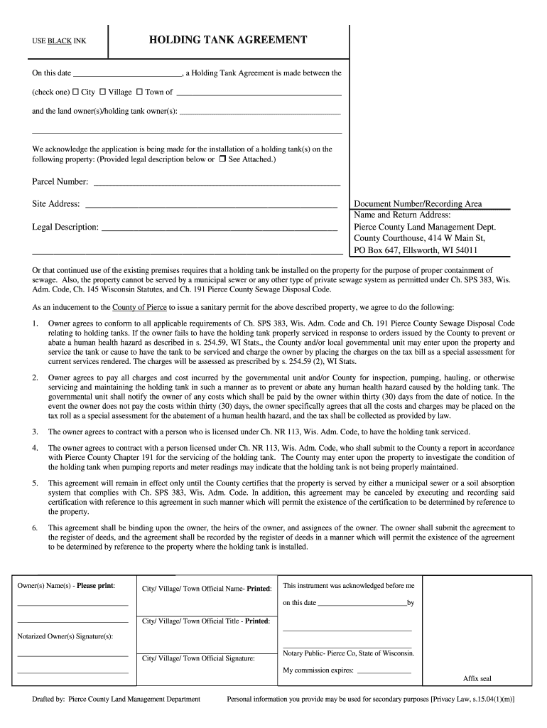Fillable Online co pierce wi USE BLACK INK HOLDING TANK AGREEMENT